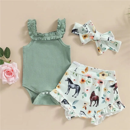 0-18months Baby Girl 3pcs Shorts Outfits Off Shoulder Romper Tops Bull Print Short Pants Head Band Infant Girls 3pcs Clothes Set