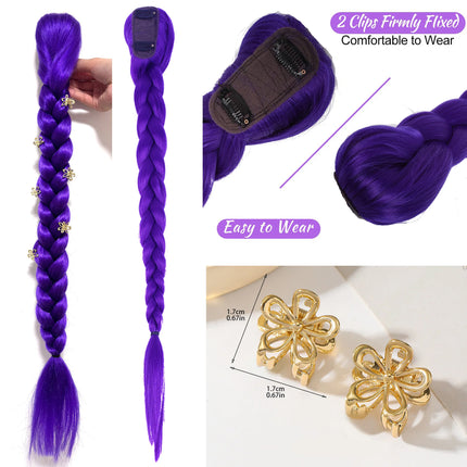 Purple Braid Clip in Ponytail Hair Extension Long Ponytail Synthetic Hairpieces Cosplay for Kids Girl Halloween Christmas