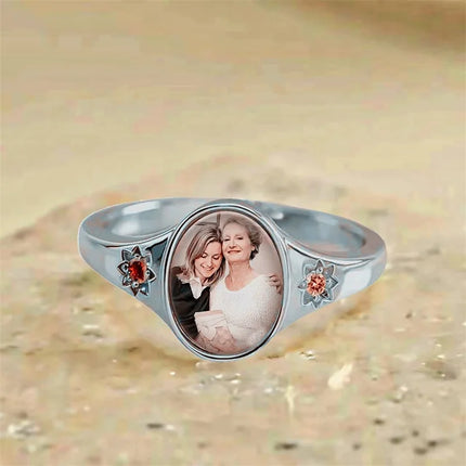 Custom Picture Rings Oval Photo Ring With 2 Birthstones Personalized Photo Memorial Anniversary Keepsake Rings for Women Mom