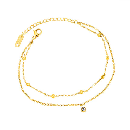 Kuziduocai 100% Stainless Steel New Fashion Jewelry 18K Gold-plated Minimalism 2-Layer Beading Zircon Charm Women Anklet Chain