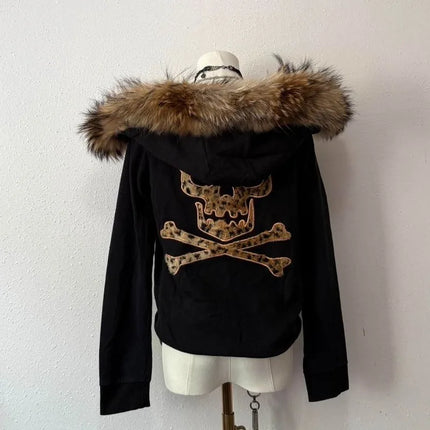 Y2K Harajuku New Fashion Skull Embroidery Plus Velvet Padded Casual Joker Vintage Popular Hip Hop Couples Fur Collar Coat Tops