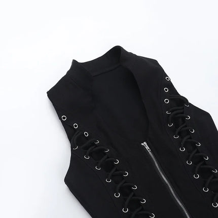 Goth Dark Punk Sleeveless Corn Bandage Tanks Top Women Chic Streetwear Slim Zip Vest Mall Gothic Techwear Summer Fashion T-shirt