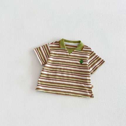 2026 Summer 6M-5Y Korean Style Childrens Clothes Contracting Color Stripe Girls Shirt Cartoon Embroidery Polo Shirt