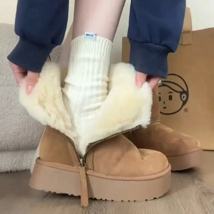 Luxury Winter Women Long Plush Warm Snow Boots Casual Shoes New Suede Fur Chelsea Ankle Boots Flats Platform Ladies Thick Shoes