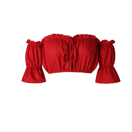 Women's Crop Tops 2024 Summer Lantern Sleeve Sexy Strapless Beach Tops Plus Size Red Black White Ruched Crop Top