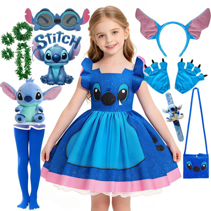 Disney Lilo and Stitch Same Style Girl Cosplay Stitch Halloween Party Dress + Accessories Summer Short-Sleeved Fluffy Cute Dress
