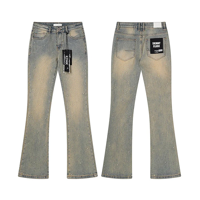 2026 KDNK stretch Jeans Men's High quality Rhinestone Slim Fit Skinny Grey straight Denim Jeans Pants