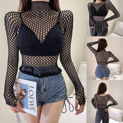 FY108 Sexy Black Fishnet Mesh See Through Women Skinny Goth Hollow Out Long Sleeve Shirts Crop Top T-Shirt Streetwear Gothic