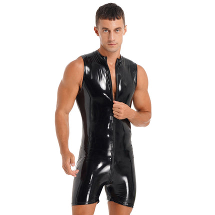 Male Mens Latex Catsuit Wet Look Patent Leather Bodysuit Long Sleeve Romper Zipper Crotch Jumpsuit Underwear Club Stage Costume