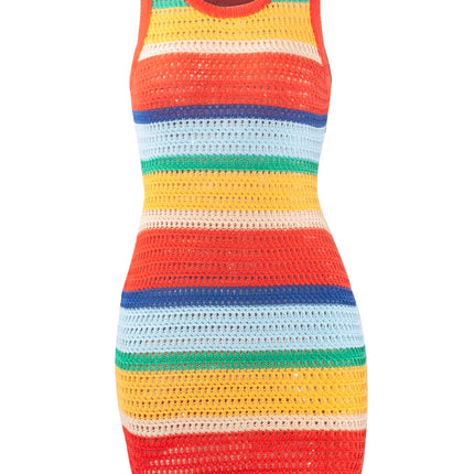 Women Panelled Striped Knitted Hollow Out Mini Dress Casual Tank Sleeveless Bodycon Hot Girl Streetwear Outfit