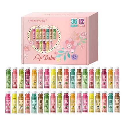 Moisturizing Lip Balm Set 36PCS, 12 Flavored Natural Lip Balms For Gifts Party Favors Bulk Fruit Lip Balms Dry Cracked Lip Care