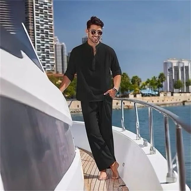 Men's Resort Style Stand-Up Collar Long-Sleeved Top + Loose Trousers Set Yacht Style Casual Comfortable Two-Piece Set S-2XL
