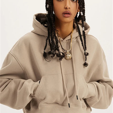 Fashion Loose Hoodies Women Autumn Winter Long Sleeve Crop Top Streetwear Solid Drawstring Hooded Shirt Casual Female Sweatshirt