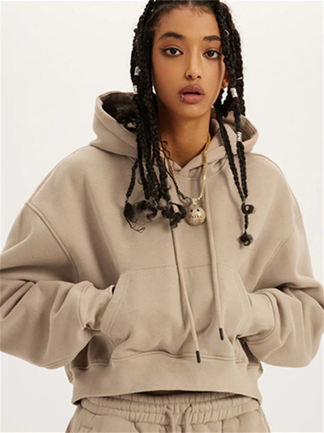 Fashion Loose Hoodies Women Autumn Winter Long Sleeve Crop Top Streetwear Solid Drawstring Hooded Shirt Casual Female Sweatshirt