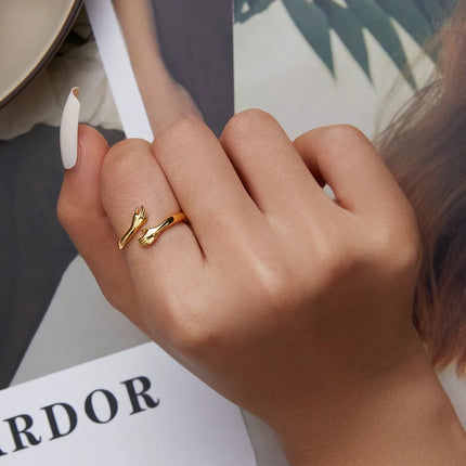 BAMOER 925 Sterling Silver Hug Open Ring Warm Love Hand Adjustable Glossy Ring for Women, His Big Loving Family Party Gift