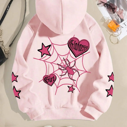 Spider Star Printed Hoodies Street Sporty Women Sweatshirts Comfortable Crewneck Pullover Loose Fleece Female Tops Clothes