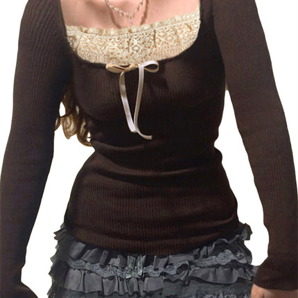 Y2k Women's Long Sleeve Knitted Tops Lace Stitching Neckline Knitwear Bowknot Decoration Slim-Fit T-shirt Pullovers Clubwear
