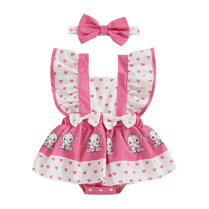 FOCUSNORM 0-18M Lovely Baby Girls Rompers Dress 4 Colors Bee/Ladybug/Cow/Elephant Print Fly Sleeve Jumpsuits with Headband