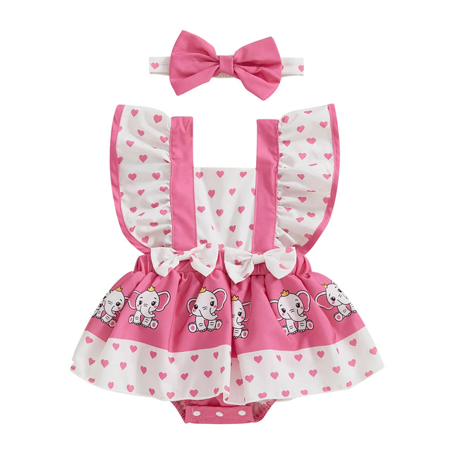 FOCUSNORM 0-18M Lovely Baby Girls' Romper Dress, 4 Colors, Bee/Ladybug/Cow/Elephant Print, Fly Sleeve Jumpsuits with Headband