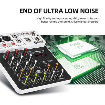 Debra NEW V4 Audio Mixing Console Bluetooth USB Record PC 48V Phantom Power Delay Repaeat Effect 4 Channels USB Audio Mixer.