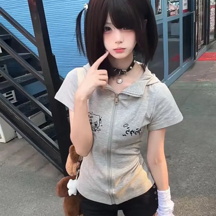 Gray Zip-Up Hoodie Women with Cartoon Print and Hood Short-Sleeve Casual Summer Jacket for Street Style 2025