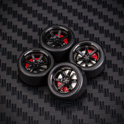 1 Set 10.8mm 1/64 Model Car Wheels for HW Ball Bearing Tires with Brake Disc Caliper Axles Rims for 1:64 Toy Models Tomica JDM