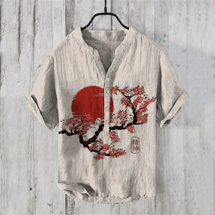 Popular European and American short-sleeved wave pattern men's shirts, stand-up collar shirts, Hawaiian shirts, men's vacation shirts