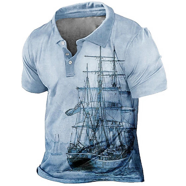 Vintage Short Sleeve Men's Polo Shirts Nautical Boat 3d Print Lapel Man Top Oversized Quick Drying Male Shirt Casual Polo Shirts