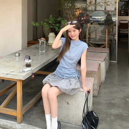 Blue Striped Drawstring Tie Women's Shirt Summer New Style French Stripe Design Modified Version Round Neck Sleeveless Dress
