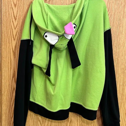 Retro Gothic Hip Hop Hoodie Featuring Quirky Patchwork Zipper Hoodie Y2K Men Women Green Casual Cartoon Hoodie Loose Sweatshirt