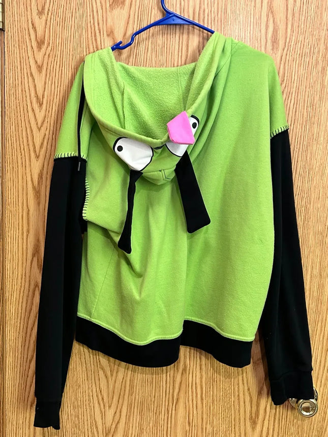 Retro Gothic Hip Hop Hoodie Featuring Quirky Patchwork Zipper Hoodie Y2K Men Women Green Casual Cartoon Hoodie Loose Sweatshirt
