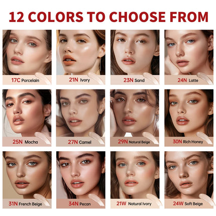LAKERAIN 12 Color Red Shell Air Cushion Foundation Natural Coverage Lightweight Breathable Air Cushion Foundation