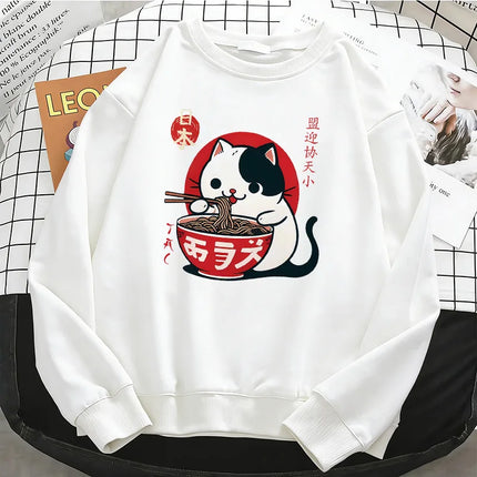Funny Japanese Cat Eat Ramen Hoodies Fleece Sweatshirt Soft O-Neck Pullover Casual Female Clothes Autumn Spring