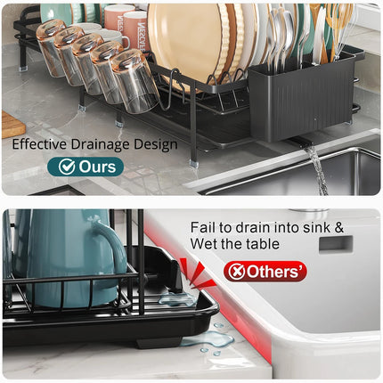 Adjustable Telescopic Dish Rack, Sink Side Dish Drying Organizer, Countertop Dish Organizer With Cup Holder, Utensil Holder