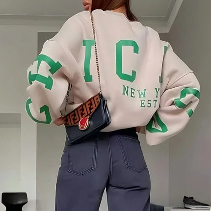 Women's Oversized Long Sleeve Fleece Lined Hoodie Street Style Comfortable Casual Polyester Spandex Blend round Neck Print