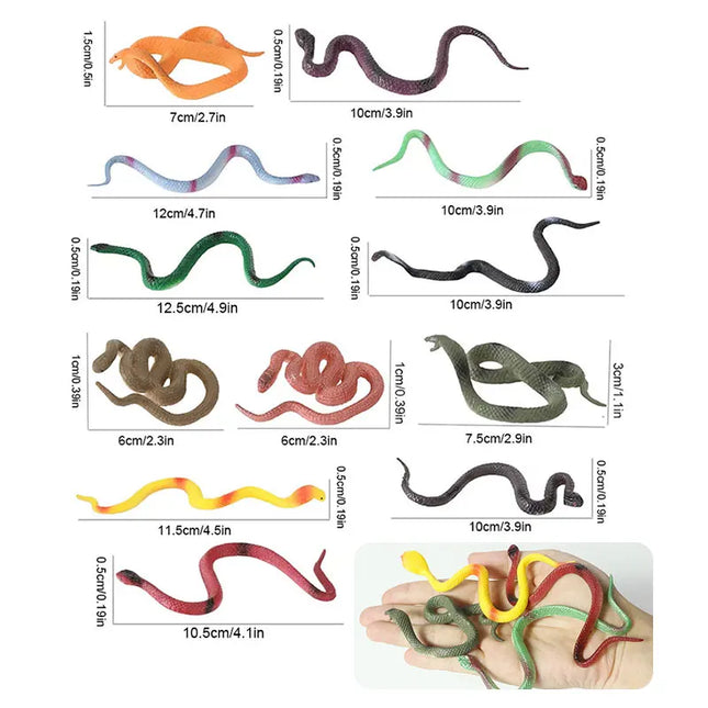 12 mini plastic rainforest snakes, realistic and colorful fake snake toys. Halloween party favorite decoration, prank toys