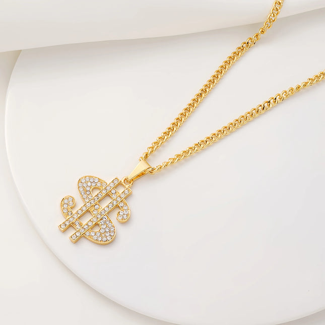Classic European and American men's golden dollar logo necklaces and Cuban chains, hip-hop money dollar pendants, music festival