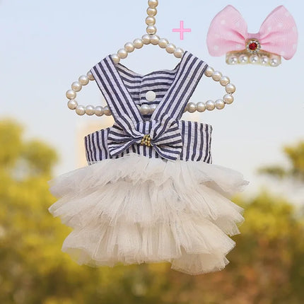Dog Dress Girls Summer Clothes for Dogs Cat with Bowknot Clips Lace Striped Pet Suspenders Puppy Princess Dresses Dog Tutu Skirt