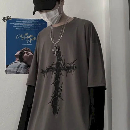 T-shirt for Men Summer Cross of Thorns Suitcase Men's T-shirts Long-sleeved Dark Hip-hop Men's oversize t-shirt Y2k T Shirt Tops