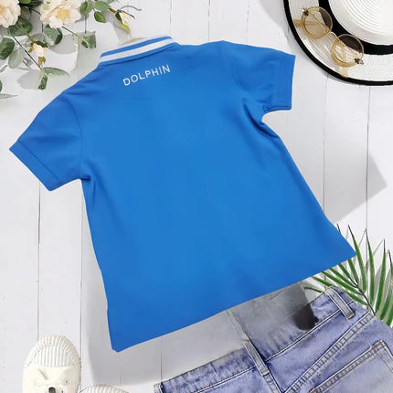 Summer boys style embroidery color contrast lapel single breasted blue short sleeve T-shirt breathable comfortable POLO shirt to