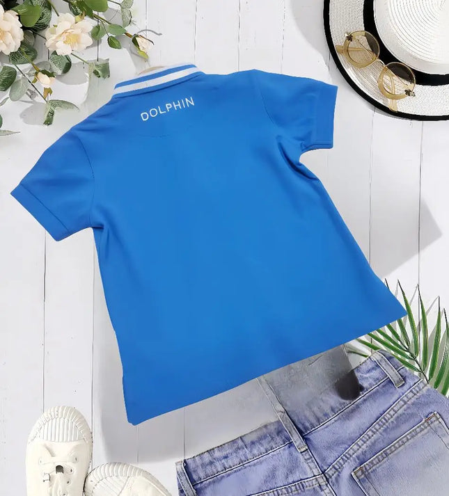 Summer boys style embroidery color contrast lapel single breasted blue short sleeve T-shirt breathable comfortable POLO shirt to
