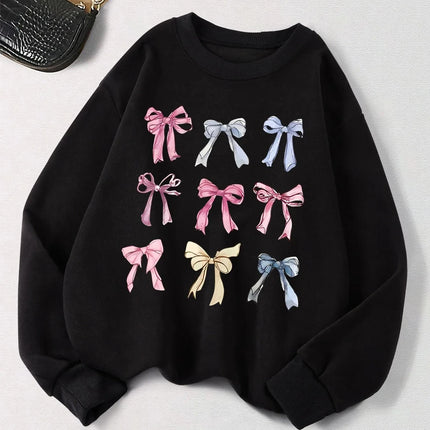Retro Leopard Print Bow Printed Women Hoodies All-Match Fleece Casual Clothes Street Pullover Winter Autumn Woman Clothing