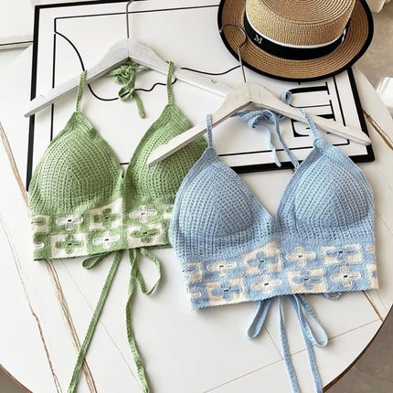 National Style Women's Swimwear Top with Chest Pads Bohemian Beach Wear Outfit Crochet Halter Neck Summer Sling Beach Vacation