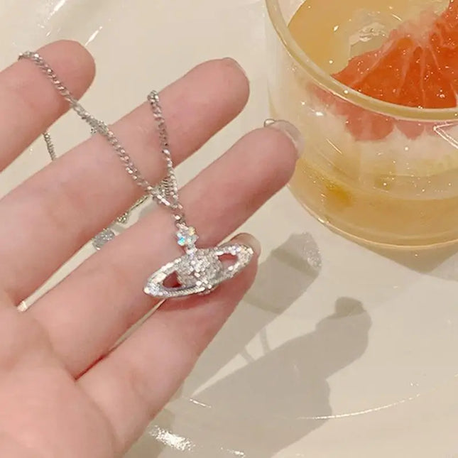 Sparkling Planet Pendant Necklace Simple Necklace Date Jewelry Alloy Texture 964A