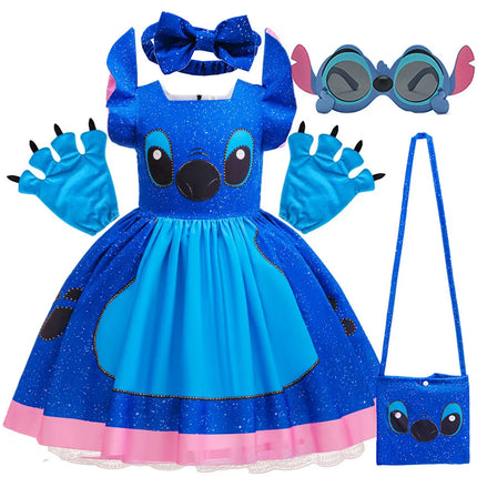 Disney Lilo and Stitch Same Style Girl Cosplay Stitch Halloween Party Dress + Accessories Summer Short-Sleeved Fluffy Cute Dress