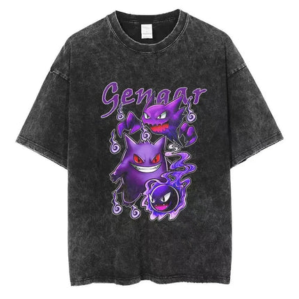 2026 Anime Washed Vintage Summer Pokemon Gengar Short Sleeve Tee Graphic T-Shirt Man Women Cosplay Casual Tops Y2k Streetwear