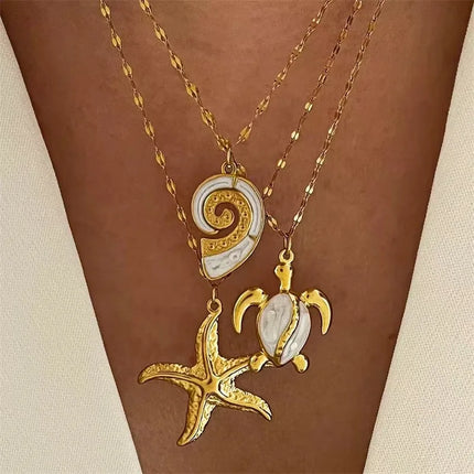 EILIECK 316L Stainless Steel Pearl Shell Starfish Sun Charm Necklace For Women Ocean Style Gold Plated Handmade Holiday Jewelry