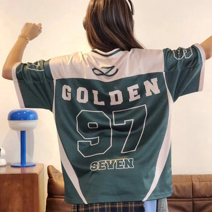 2026 New Women's Spring/Summer Y2K Fashion Casual Golden 97 Mesh Jersey Oversized Breathable Quick-Drying Sports T-shirt