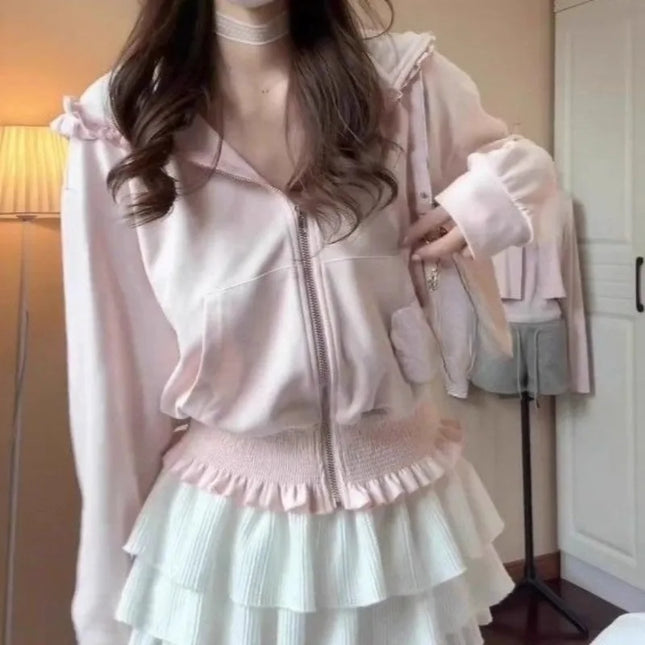 Matakawa Sweet Pink Hoodies Woman Tops Ruffles Spring Autumn Sweatshirts Korean Fashion Hooded Y2k Sudaderas Mujer