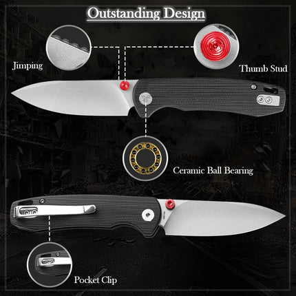 TRIVISA Folding Knife for Men, 3.74" G10 Handle, Compact Outdoor Knife for Camping Hunting Hiking, with Gift Box, Dragonfly-B
